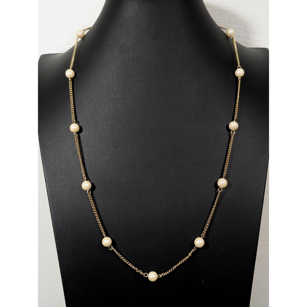 Vintage Sarah Coventry Faux Pearl Station Chain Necklace Gold tone 26 in